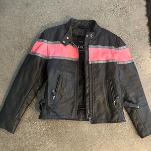 Genuine leather moto jacket black with pink stripe